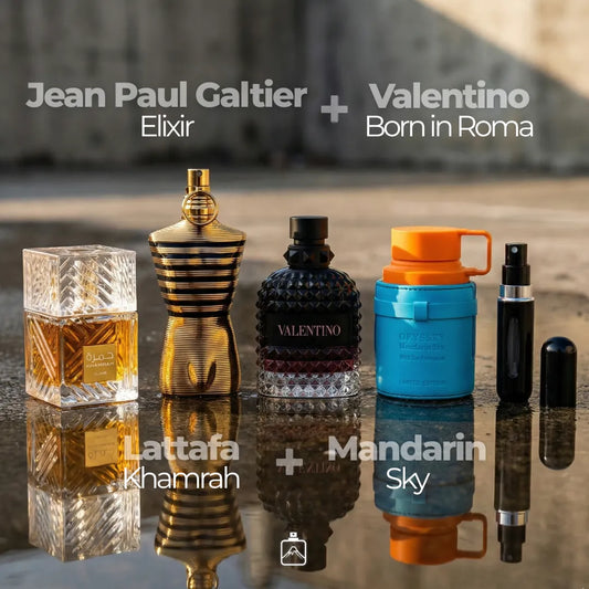 Pack x4: Khamrah + JPG Elixir (Caja) + Valentino + Mandarin Sky